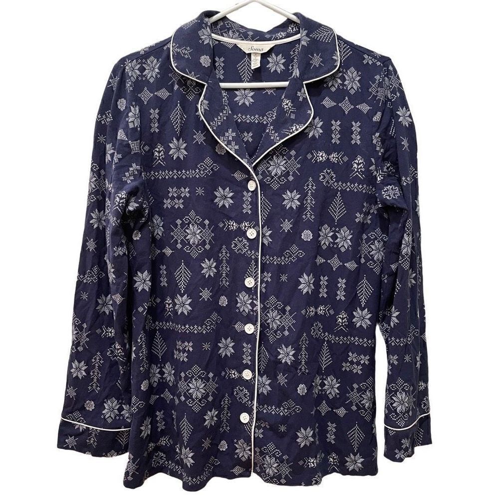 Soma Womens Sleep Shirt Pajama Top Blue Snowflake Sz M Long Sleeve Button